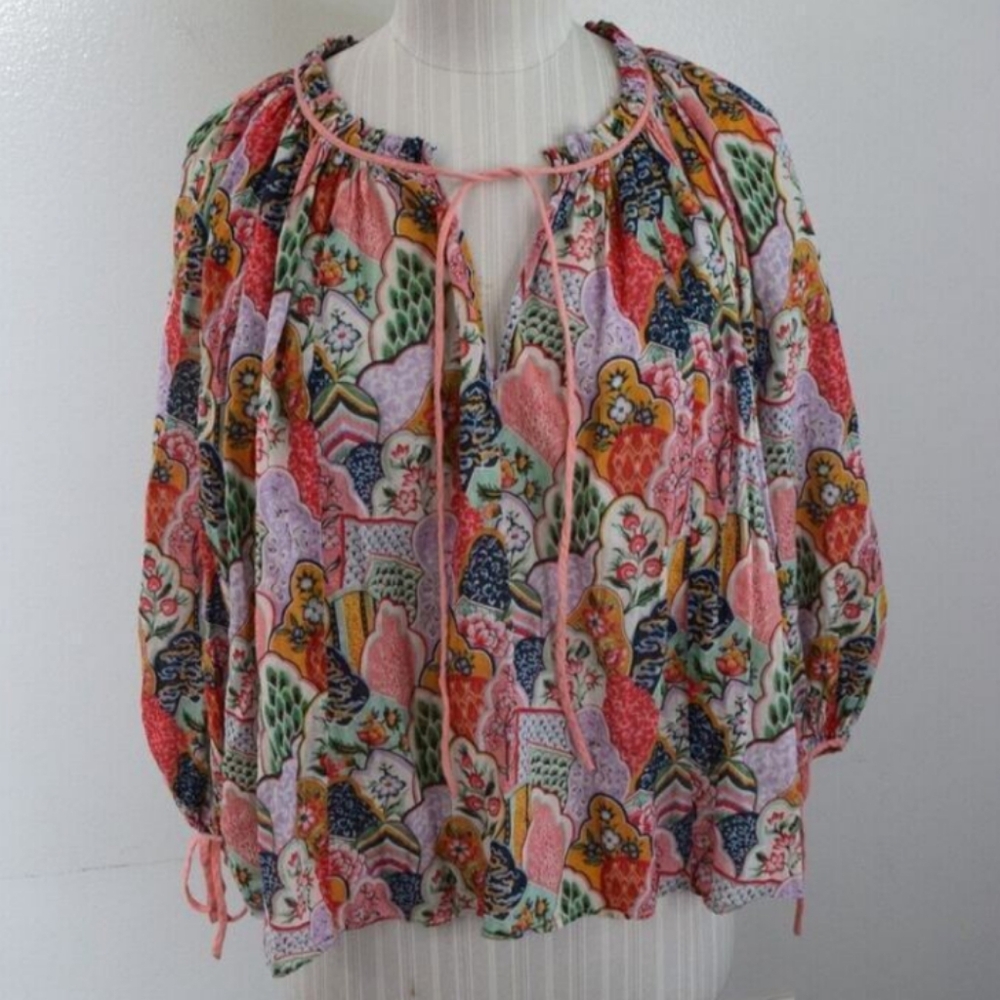 RHODE Resort Abstract Patterned Multi Color Tie Collar Bohemian Patchwork Top - Picture 2 of 9